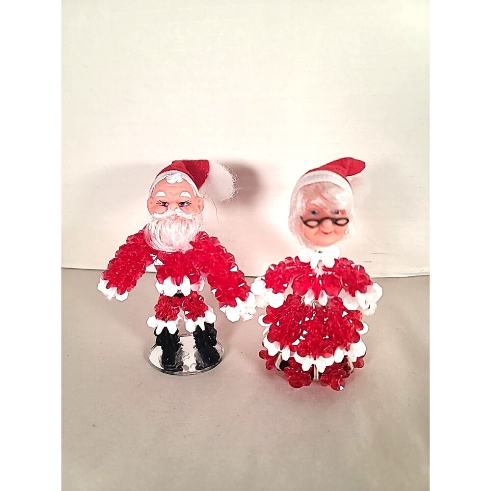Vintage Christmas Handmade Beaded Figures Mr & Mrs Claus
